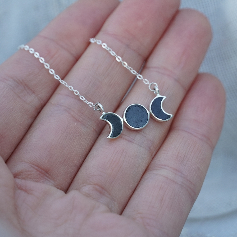 Authentic Black Tourmaline Gemstone Triple Moon Goddess Sterling Silver Necklace